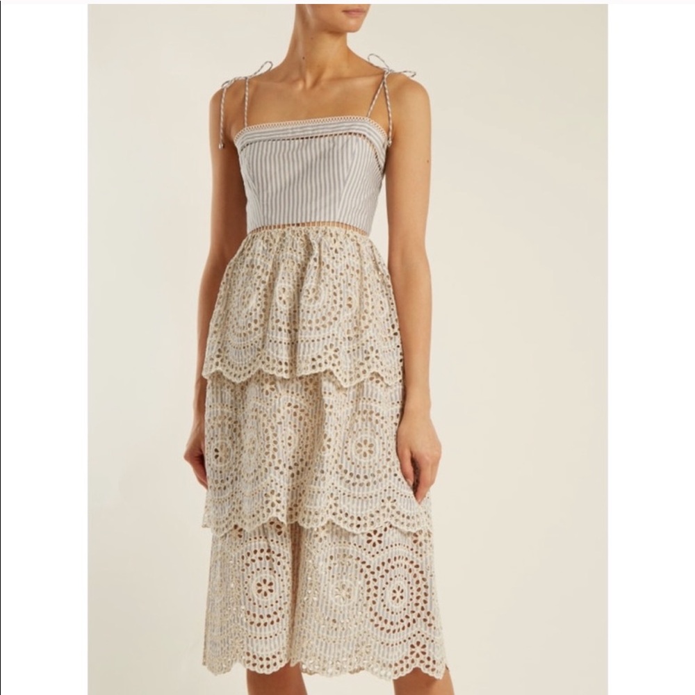 Zimmerman Meridian Striped Eyelet Tiered Sundress Midi Dress 1, US 6